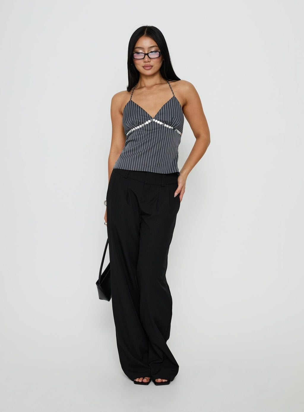 Zenas Sequin Detail Halter Top Grey Pinstripe