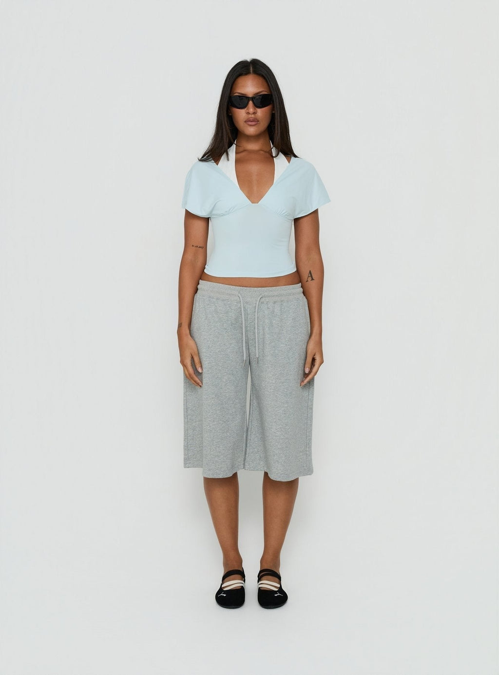 Beea Layered Halter Short Sleeve Top Blue / White