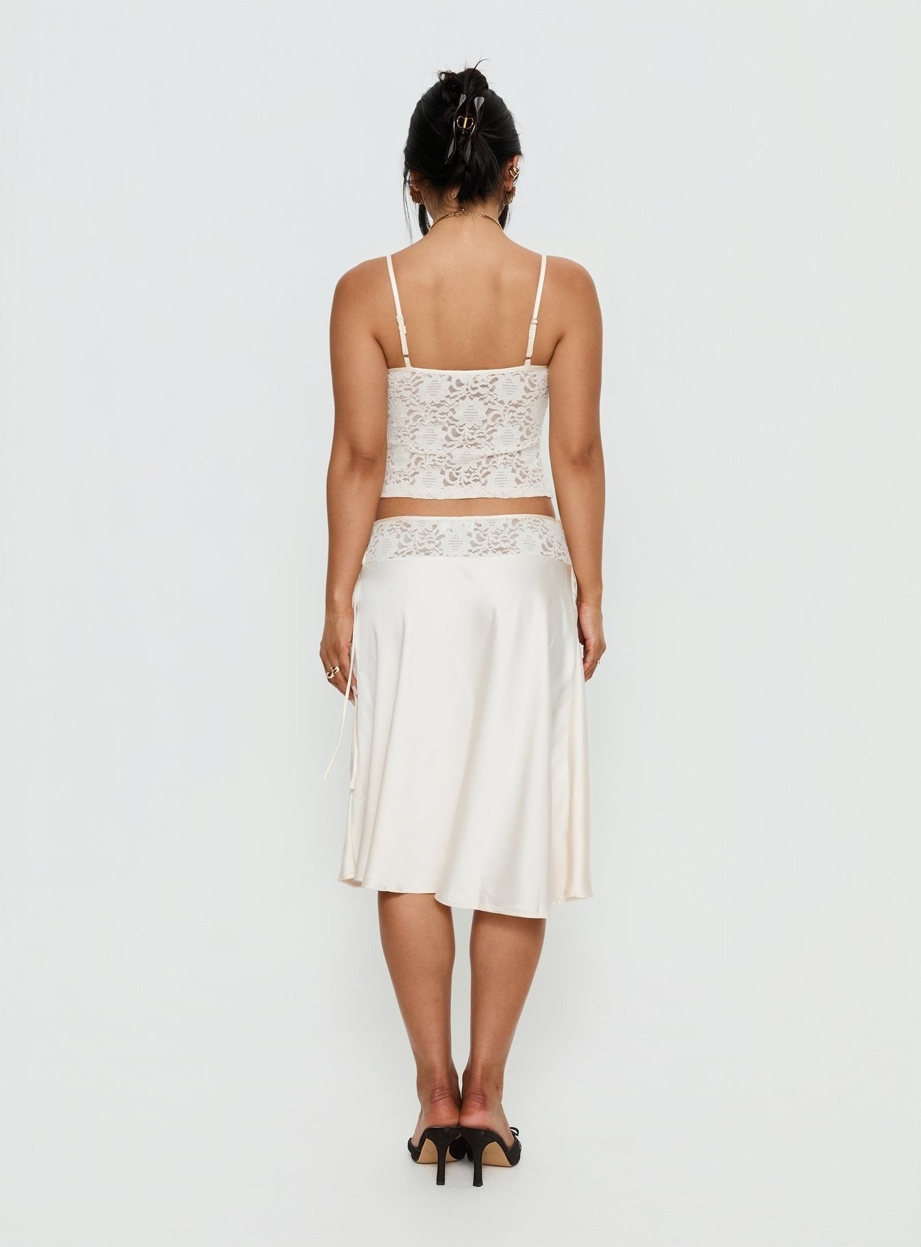 Evlin Lace Detail Satin Midi Skirt Cream
