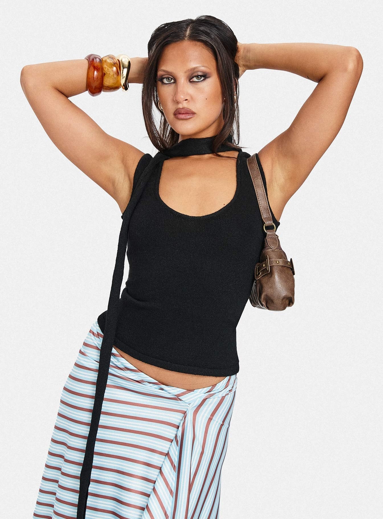 Roana Reversible Scarf Tie Knit Top Black