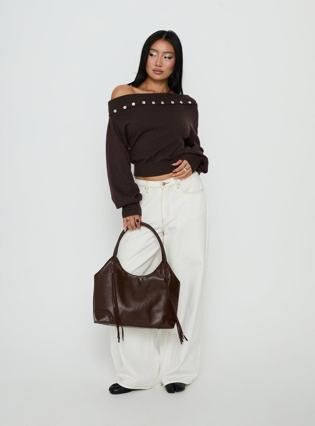 Kloud Off Shoulder Foldover Sweater Brown
