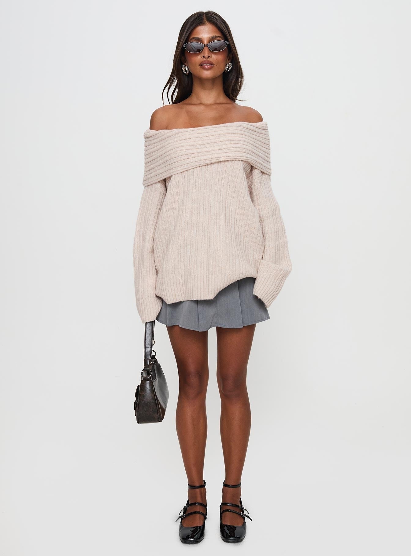 Mirrelle Off Shoulder Knit Sweater Beige