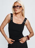 Need No Savior Buckle Strap Top Black