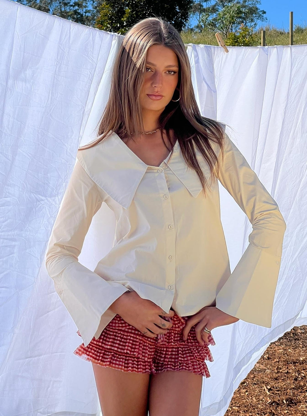 Zelina Oversized Collar Long Sleeve Top Beige