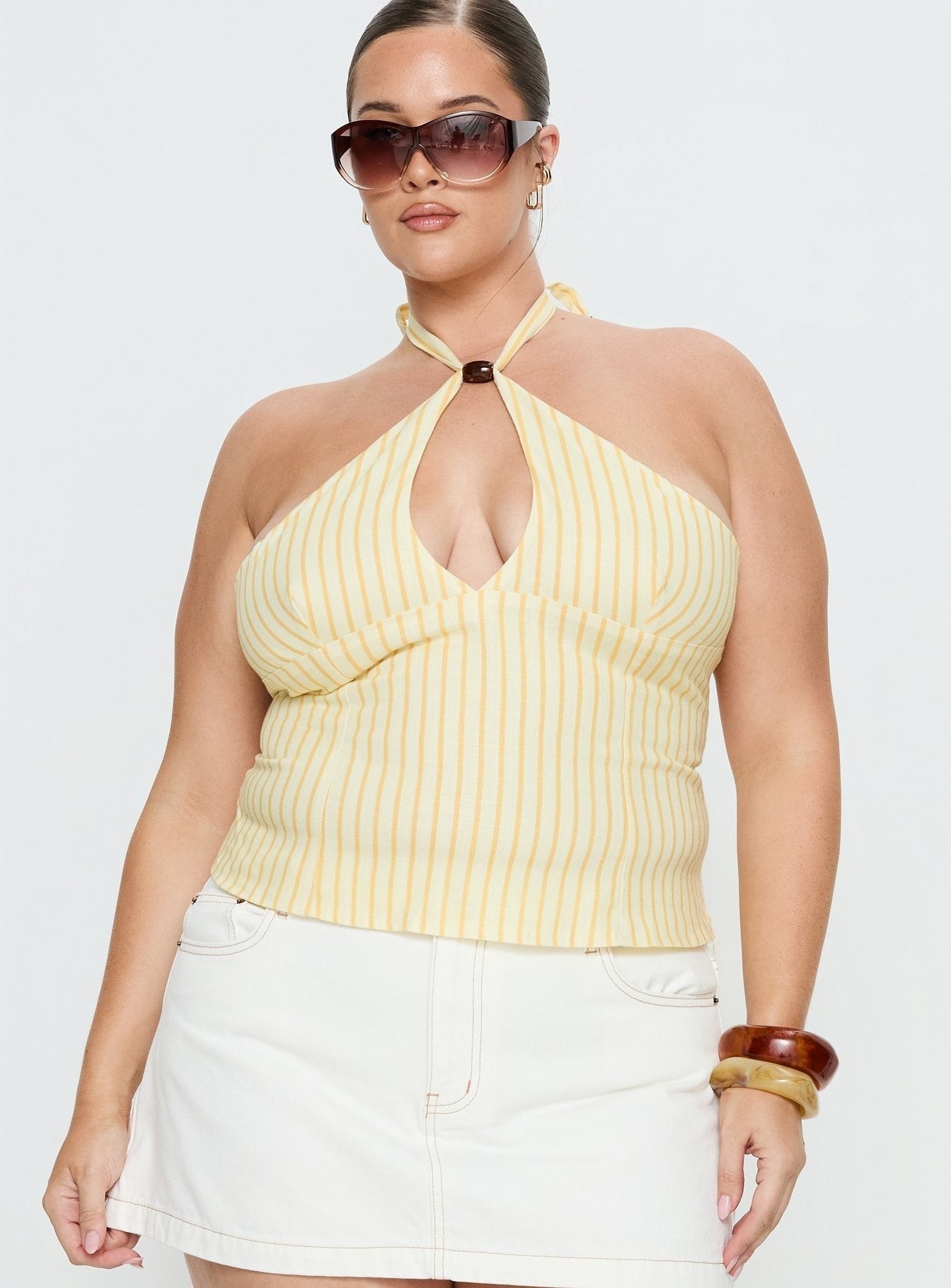 Electric Night Halter Tie Back Top Yellow Stripe Curve