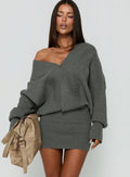 Jolanda Long Sleeve Plunge Knit Mini Dress Charcoal