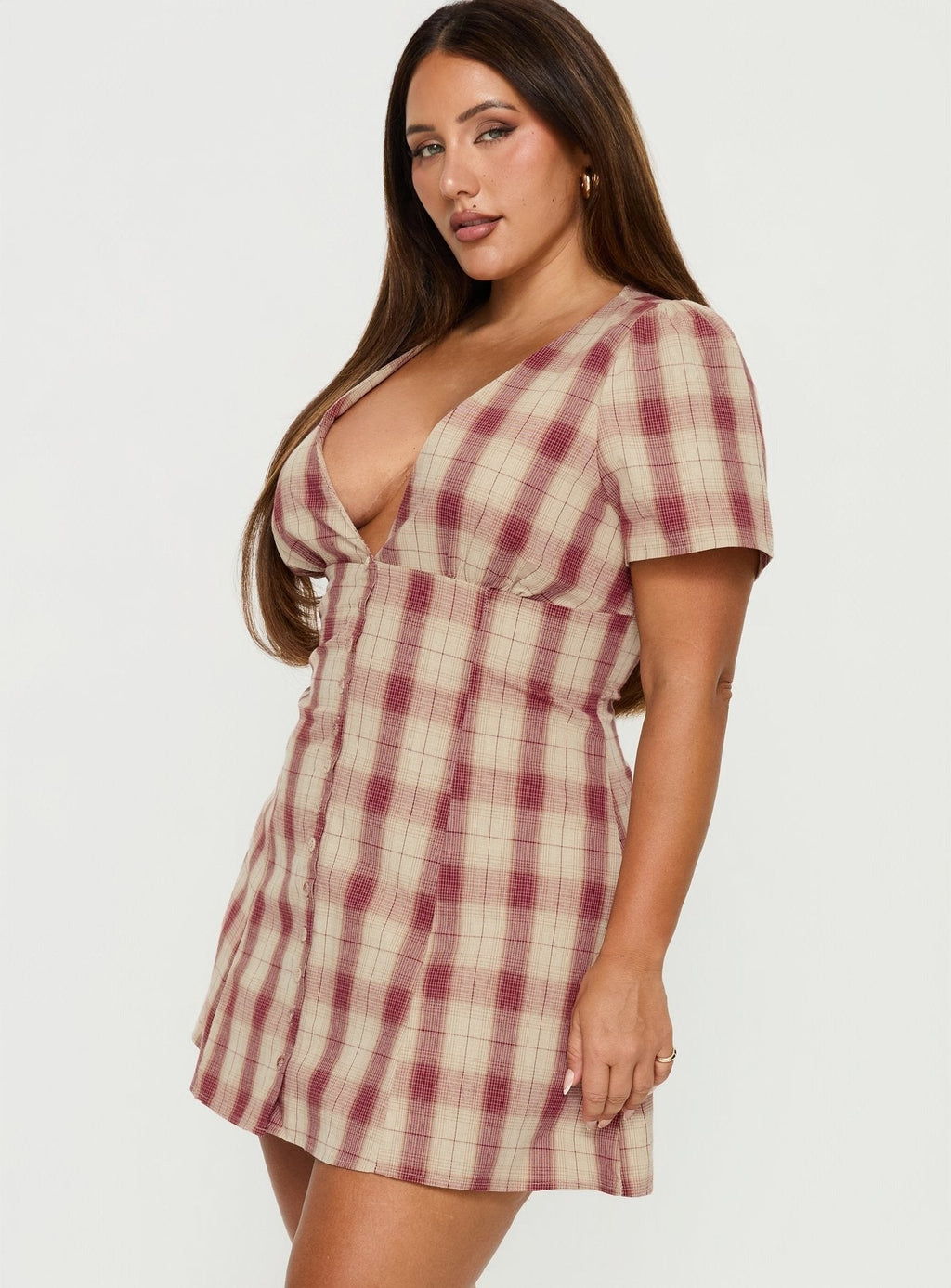 Twist of Fate V Neck Mini Dress Plaid Curve