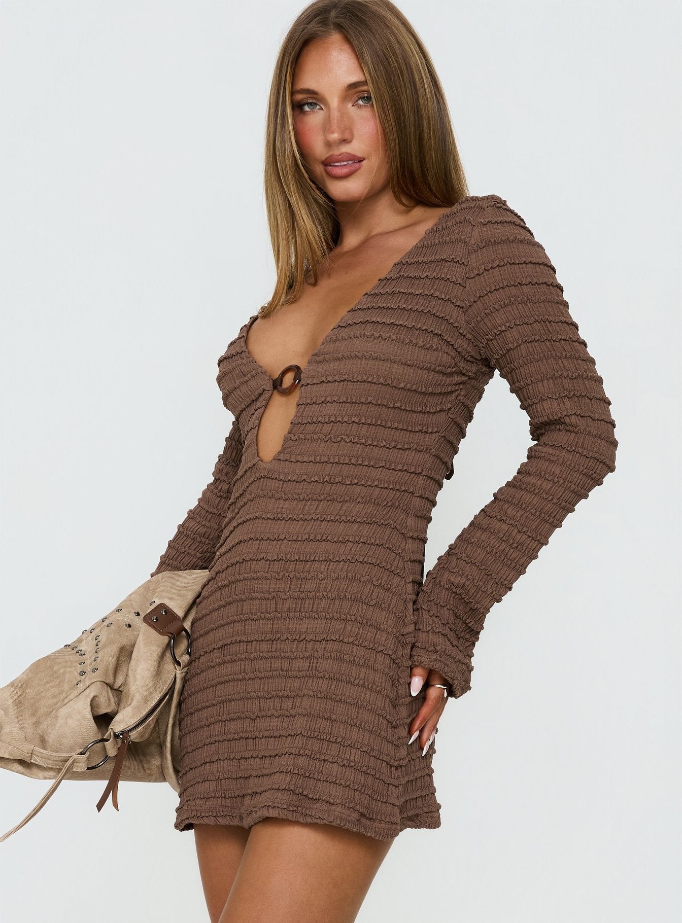 Elnora Long Sleeve Plunge Mini Dress Brown
