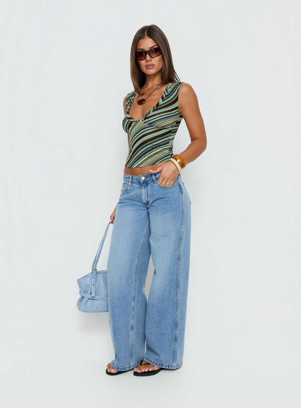 Ramos Low Rise Wide Leg Denim Jeans Bright Blue Wash