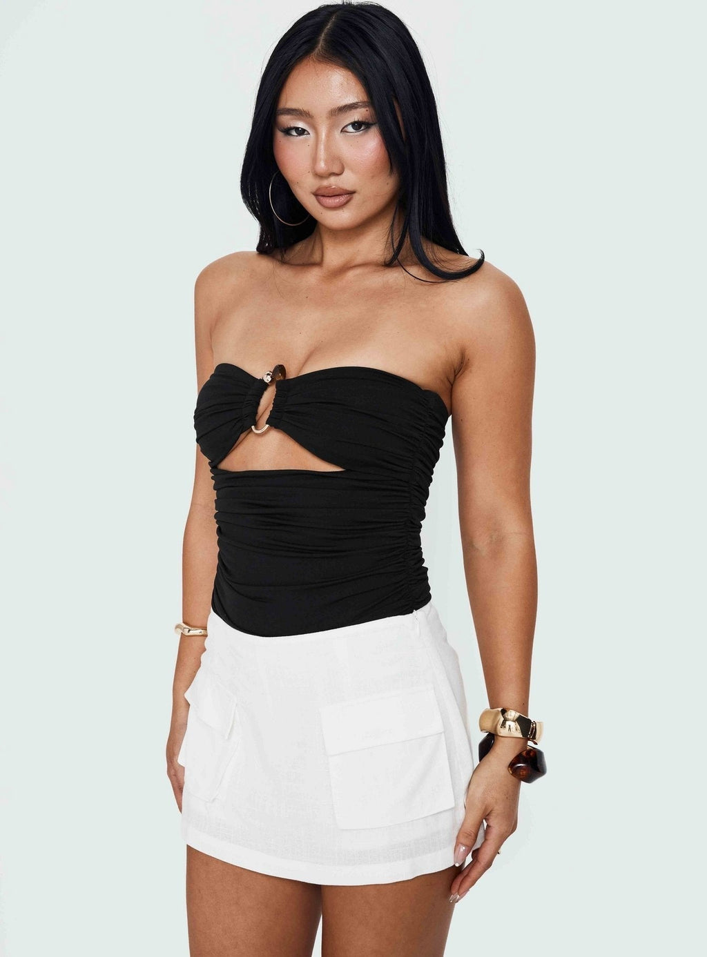 See Me Soon Strapless Hardware Detail Bodysuit Black