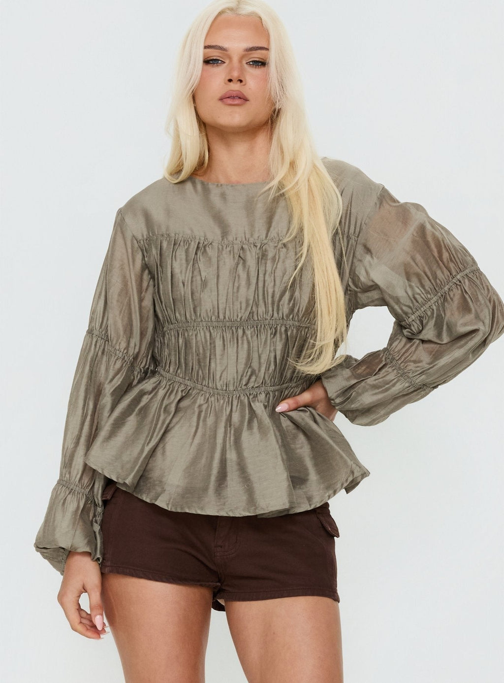 Xamira Ruched Long Sleeve Top Olive