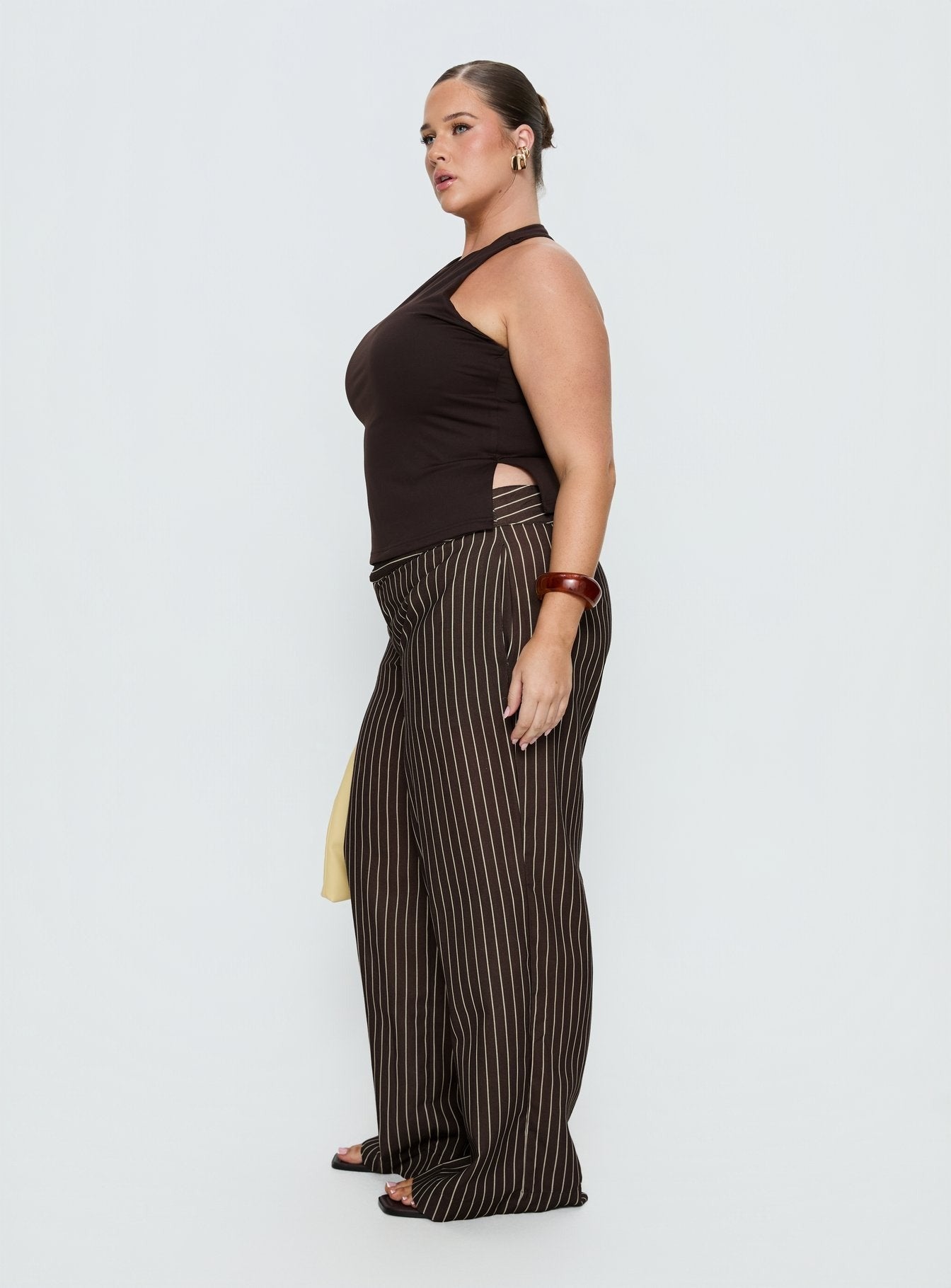 Winslie Thick Waistband Buckle Pants Chocolate Stripe Curve