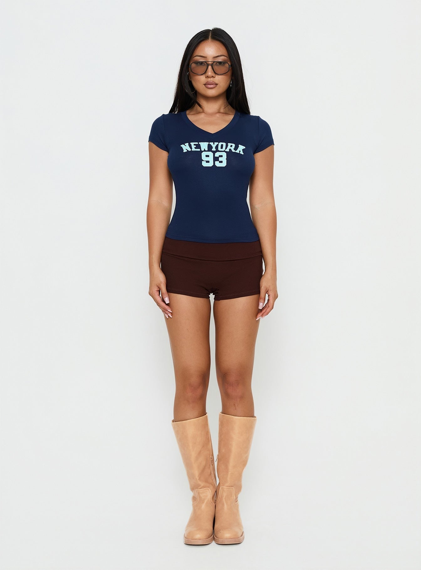 New York 93 Graphic V Neck Top Navy
