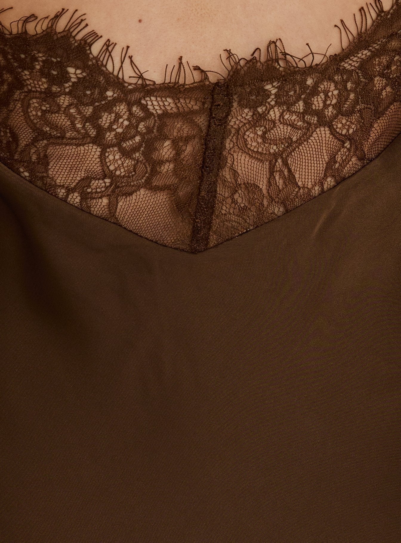 Adamaria Plunge Halter Lace Trim Maxi Dress Chocolate