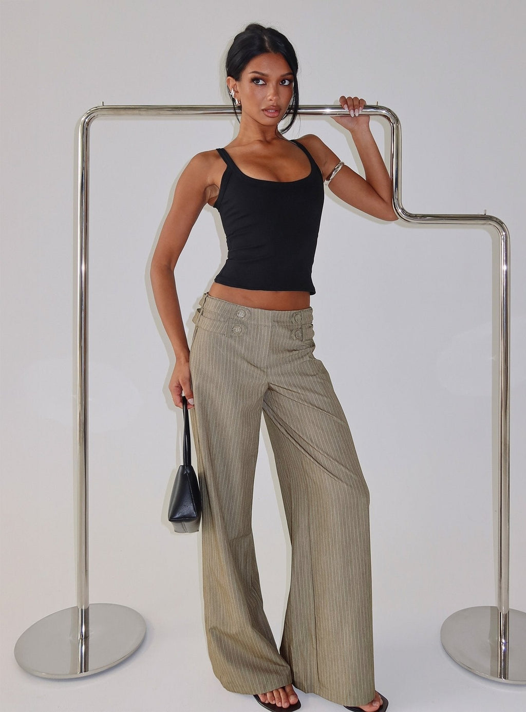 Jette Tailored Buckle Pant Taupe Pinstripe