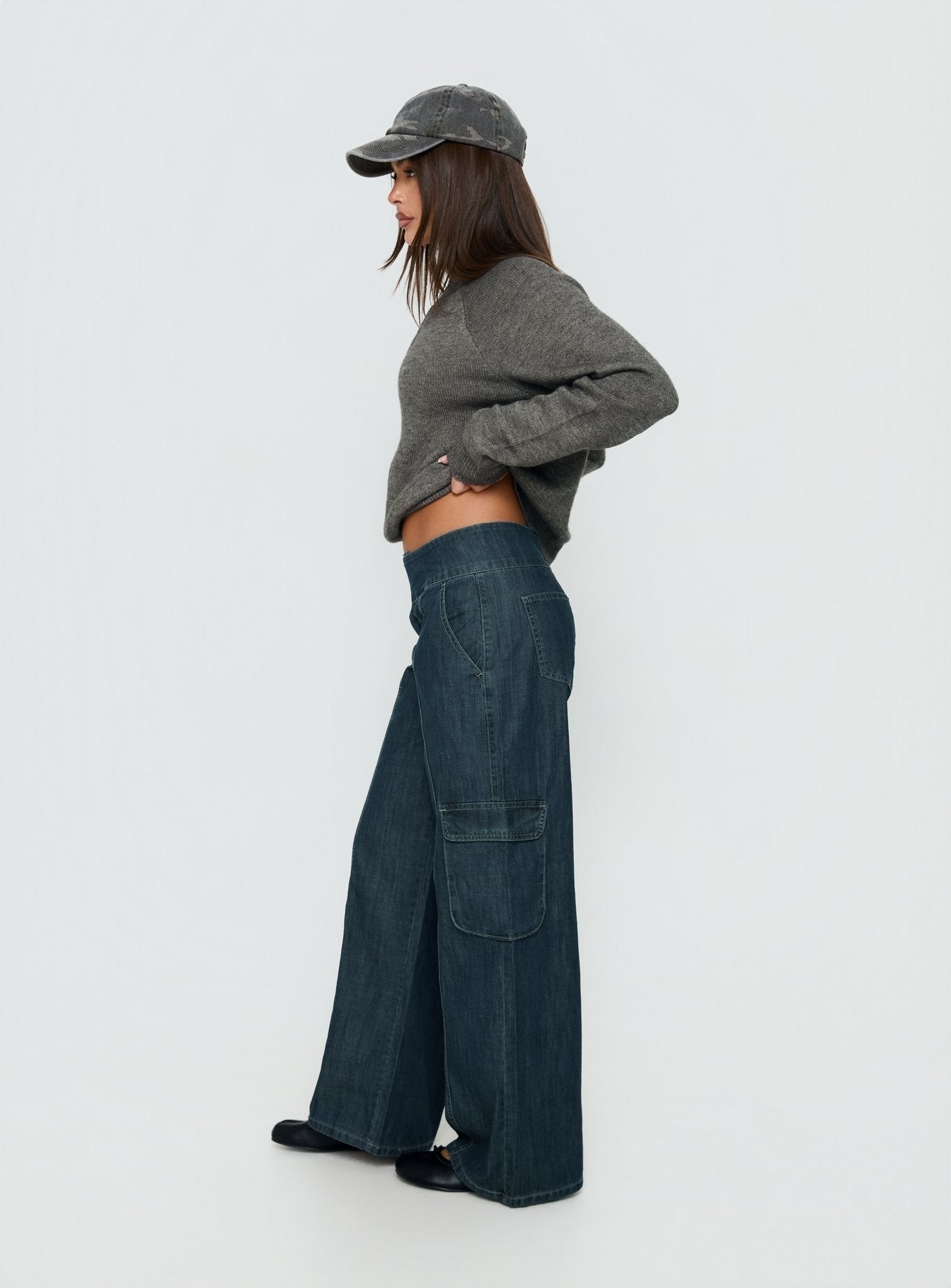 Nikoletta Mid Rise Wide Leg Cargo Jeans Dark Blue Wash