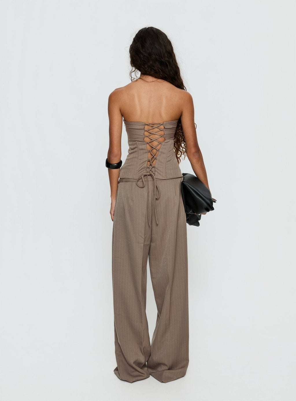 Madelle Strapless Tie Up Top Brown Pinstripe