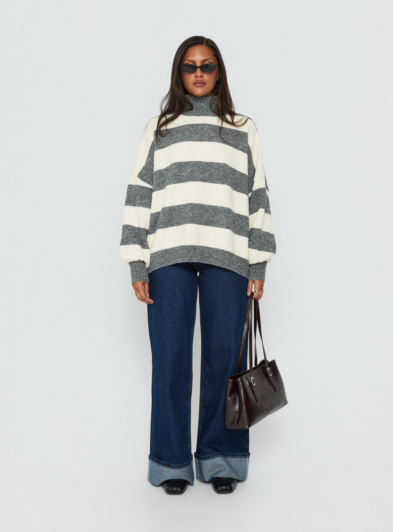 Longest Goodbye Slouchy Funnel Neck Oversized Knit Sweater Grey / Cream Stripe