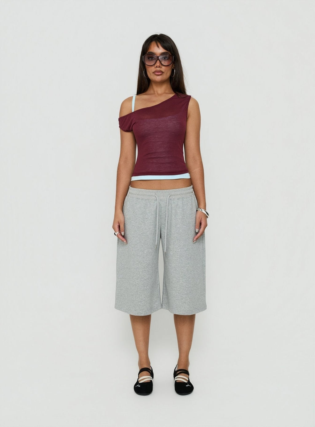 Klaretta Off Shoulder Draped Layered Top Burgundy / Blue