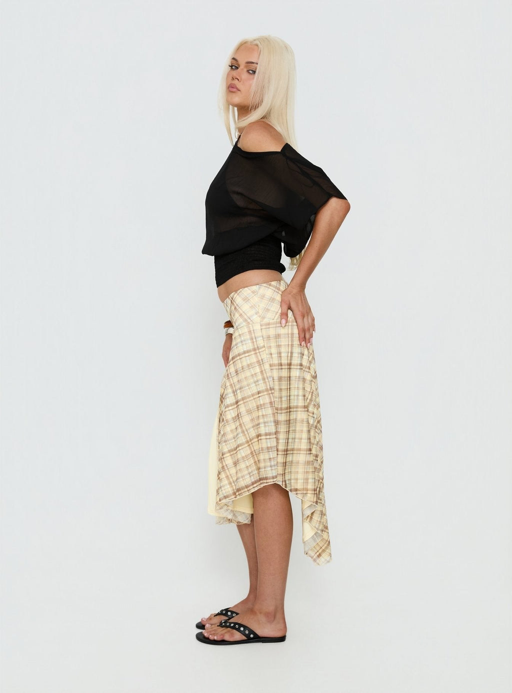 Dulciana High Split Asymmetrical Midi Skirt Multi Check
