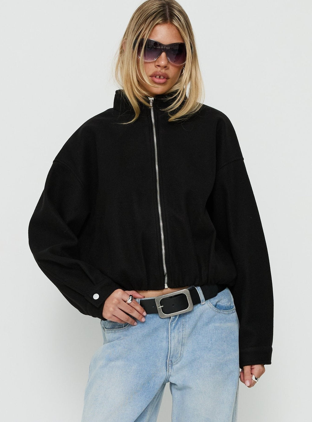 Chayden Cropped Faux Wool Bomber Jacket Black