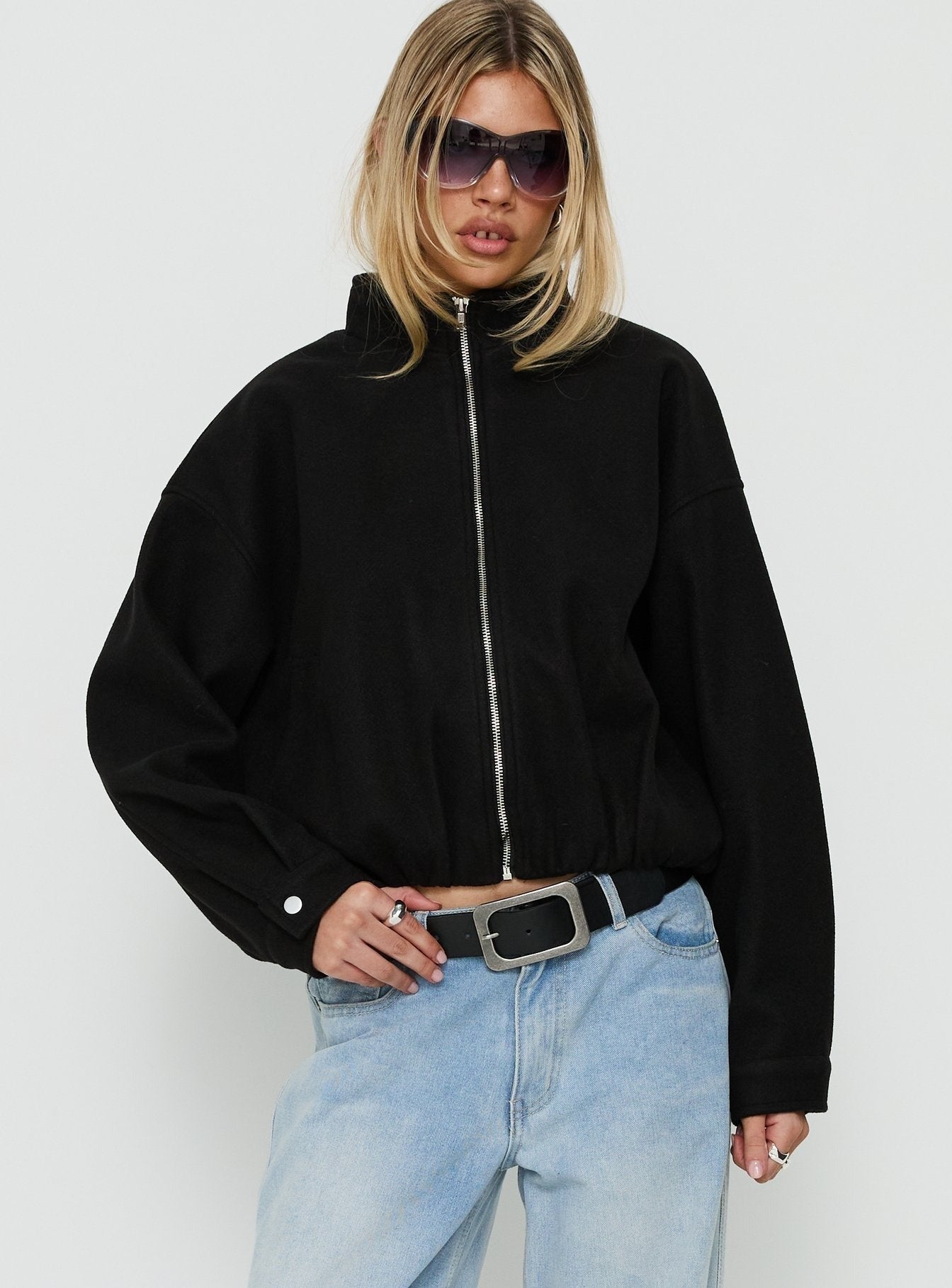 Chayden Cropped Faux Wool Bomber Jacket Black
