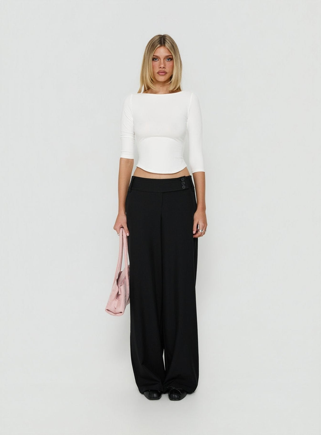 Myaah 3/4 Sleeve Curved Hem Top White