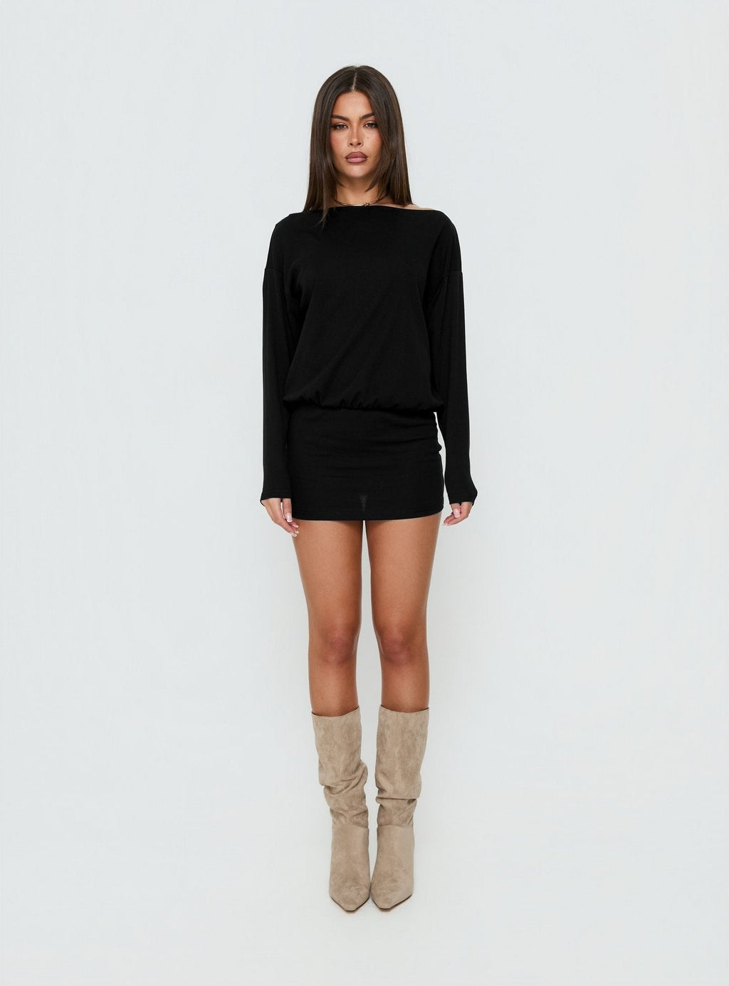 Worlds Away Long Sleeve Blouson Mini Dress Black