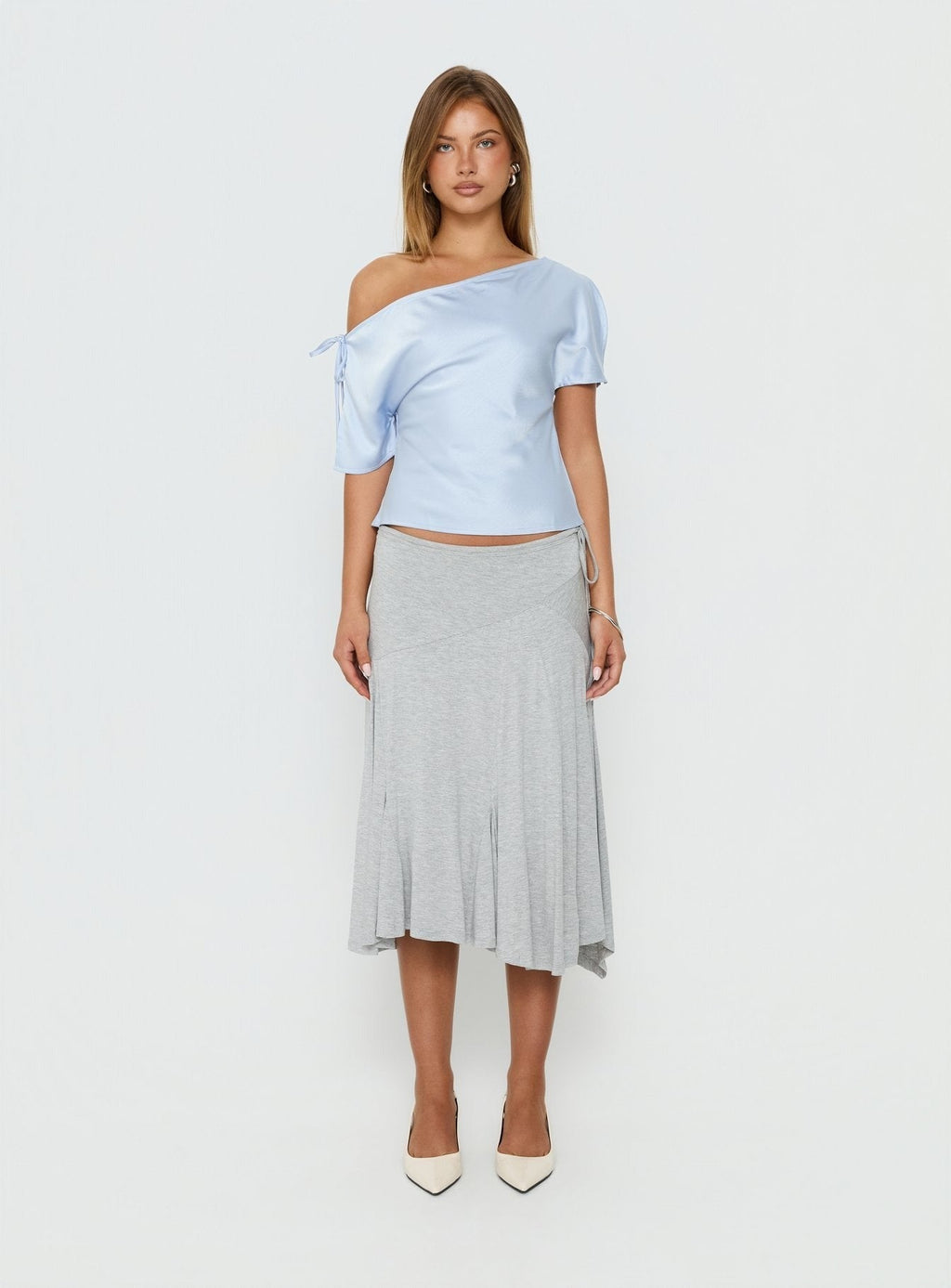 Faisa Off Shoulder Satin Top Powder Blue