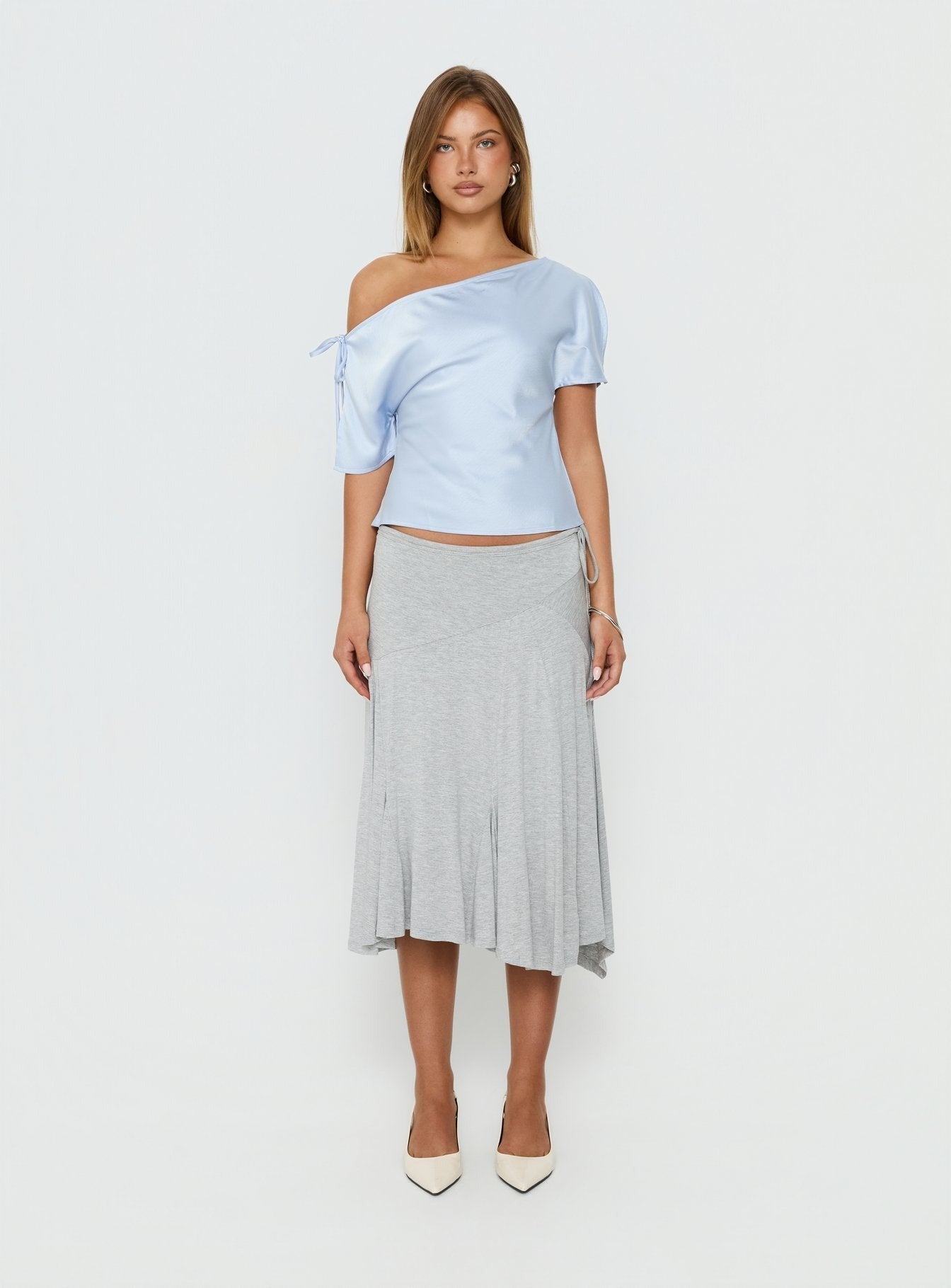 Faisa Off Shoulder Satin Top Powder Blue