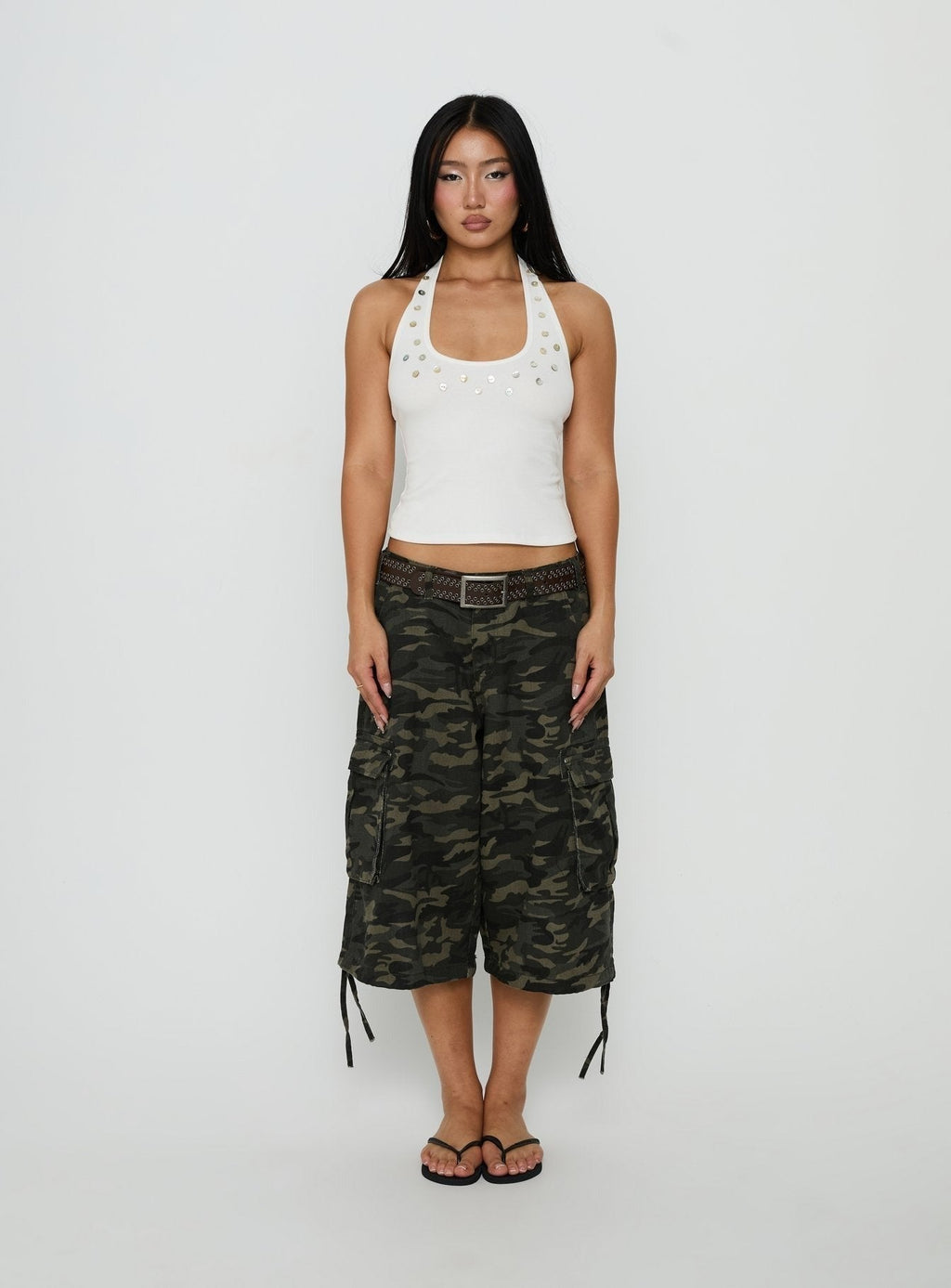 Renara Halter Ribbed Button Top White