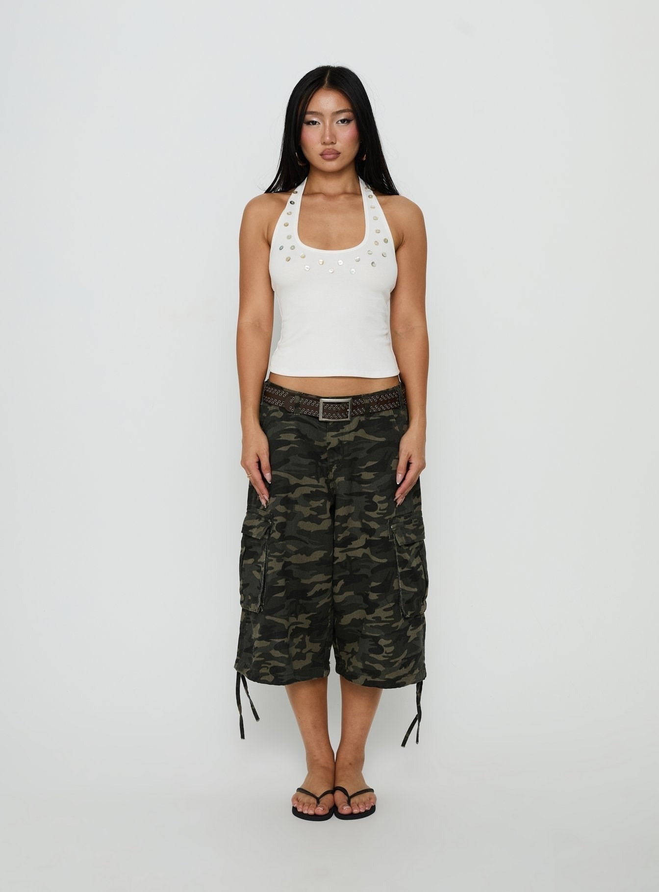 Renara Halter Ribbed Button Top White