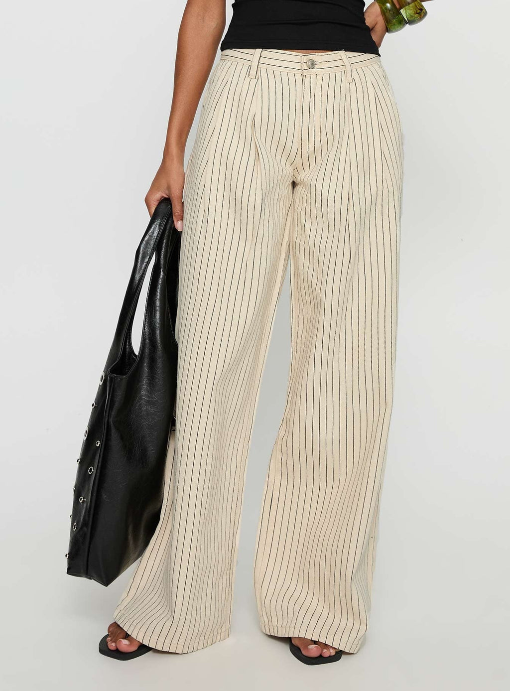 Frankee Wide Leg Mid Rise Denim Jeans Cream Stripe