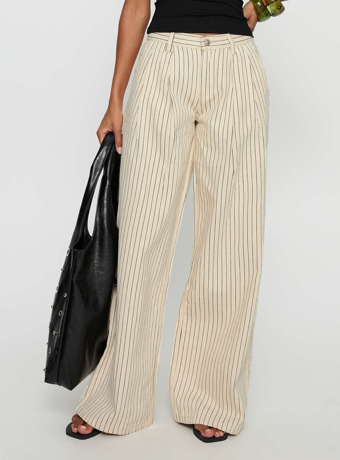 Frankee Wide Leg Mid Rise Denim Jeans Cream Stripe