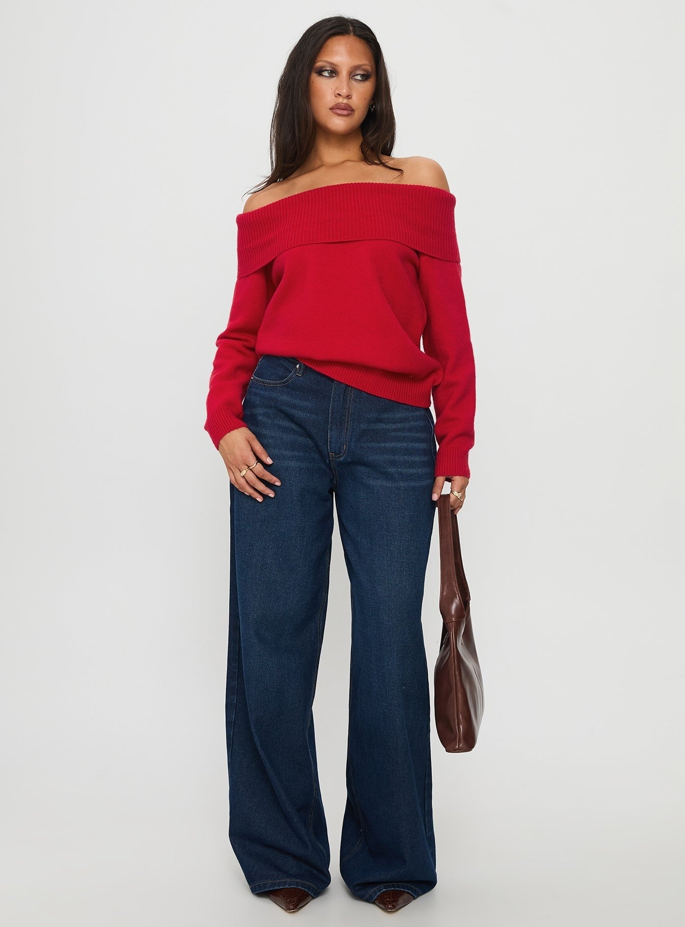 Jaycelyn Off Shoulder Knit Sweater Red