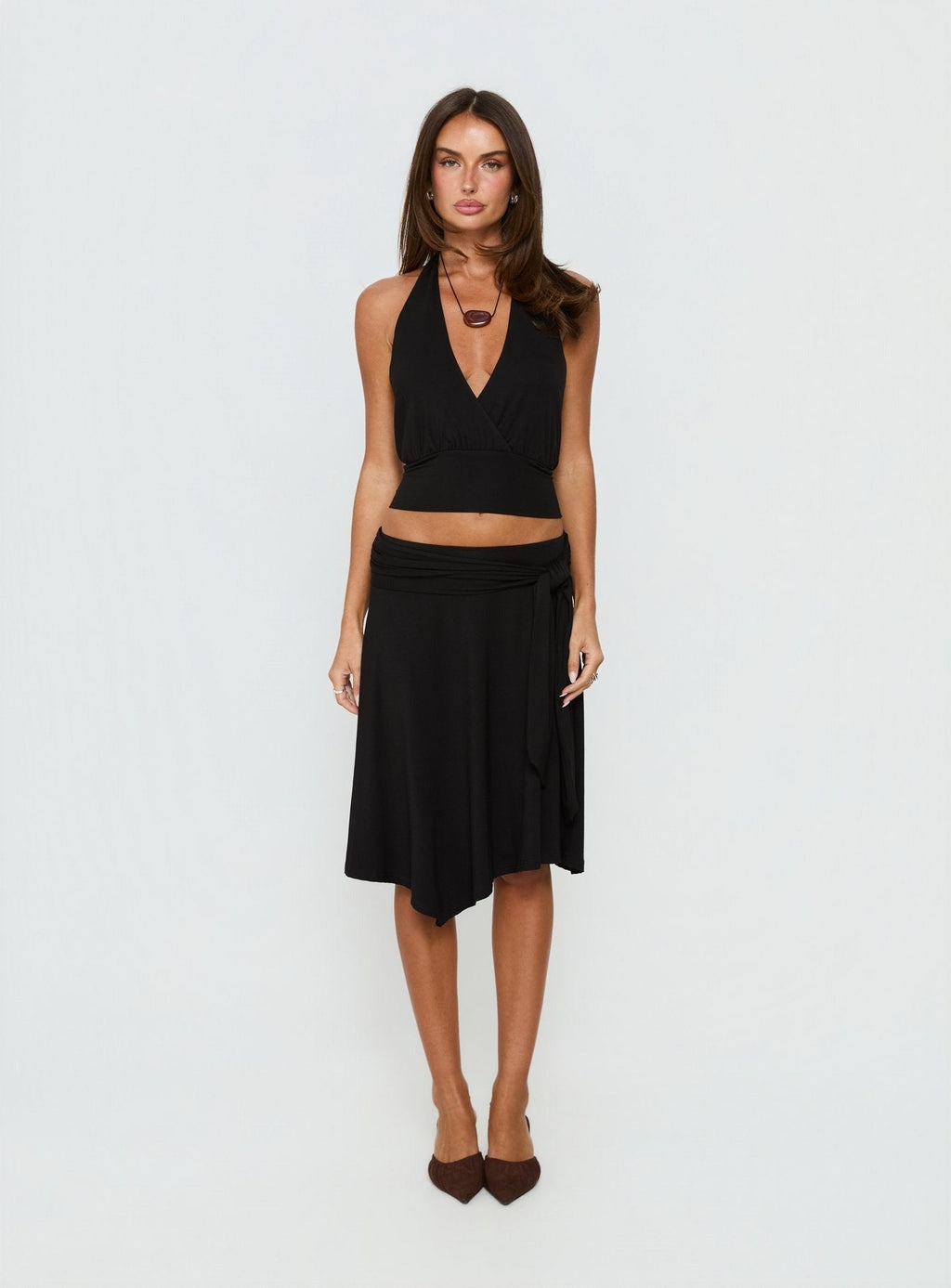 Soft Focus Tie Waist Midi Skirt Black