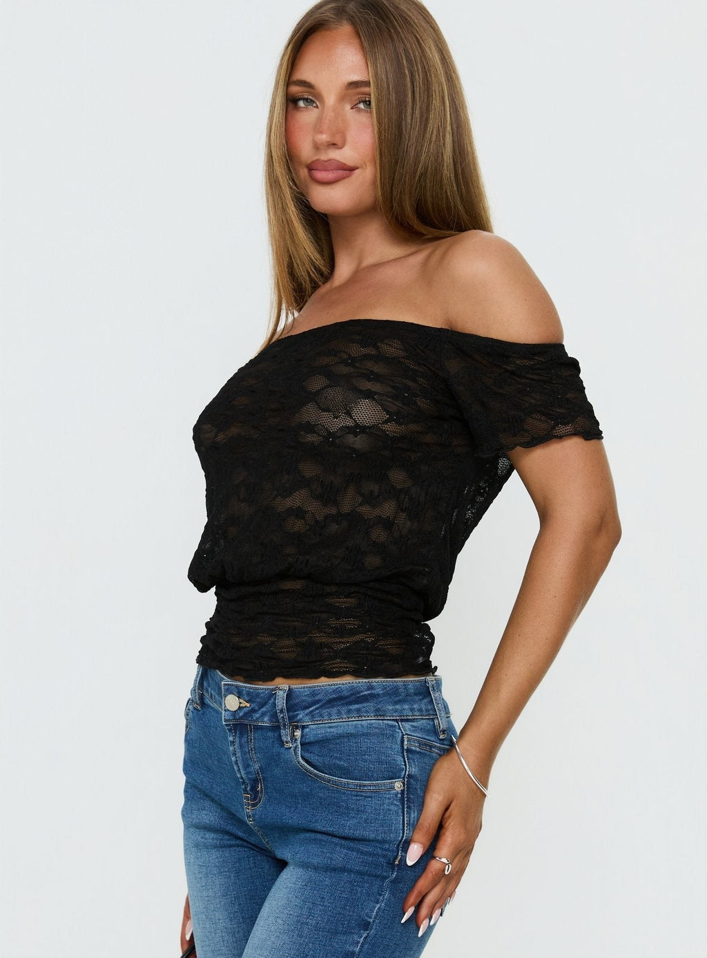 Korrine Off Shoulder Short Sleeve Lace Top Black