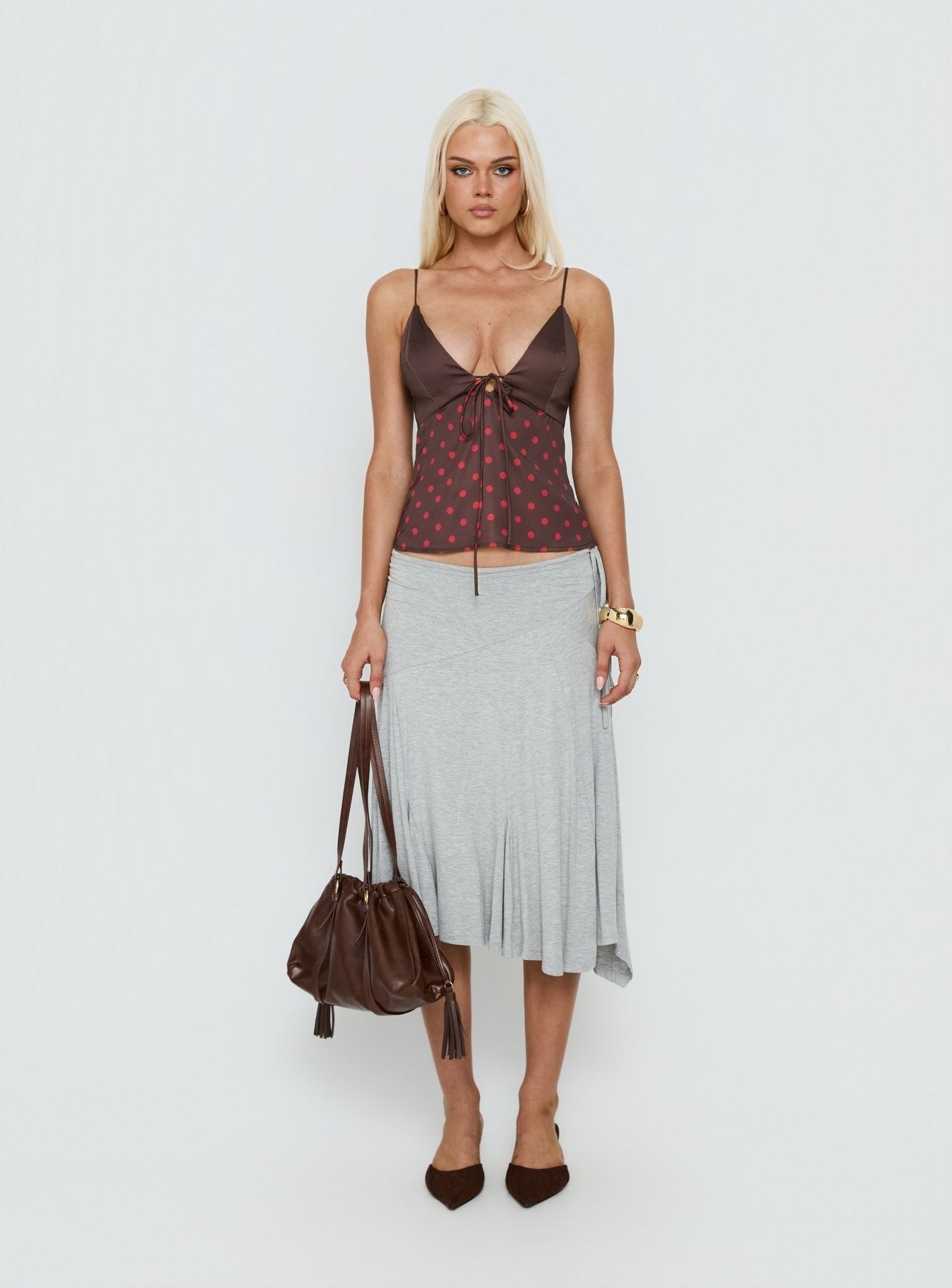 Warm Light Tie Detail Satin Cami Top Chocolate Polka Dot