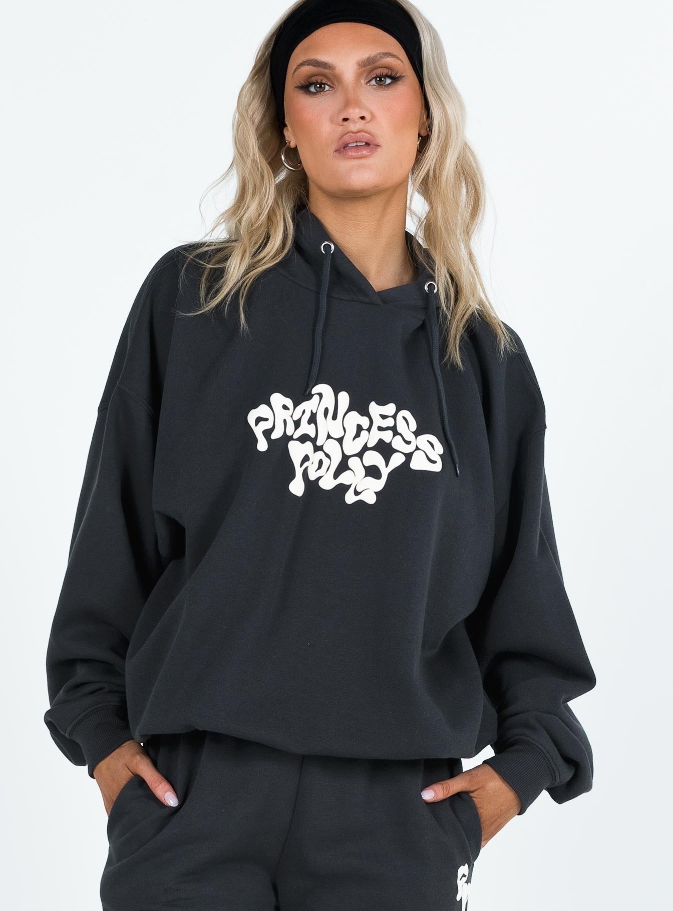 Princess Polly Hooded Sweatshirt Squiggle Text Black Sand / Eggshell