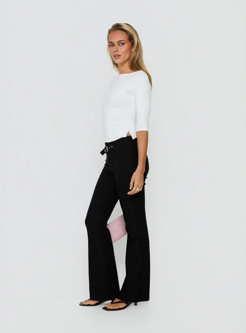 Viridian Belted Flared Pants Black
