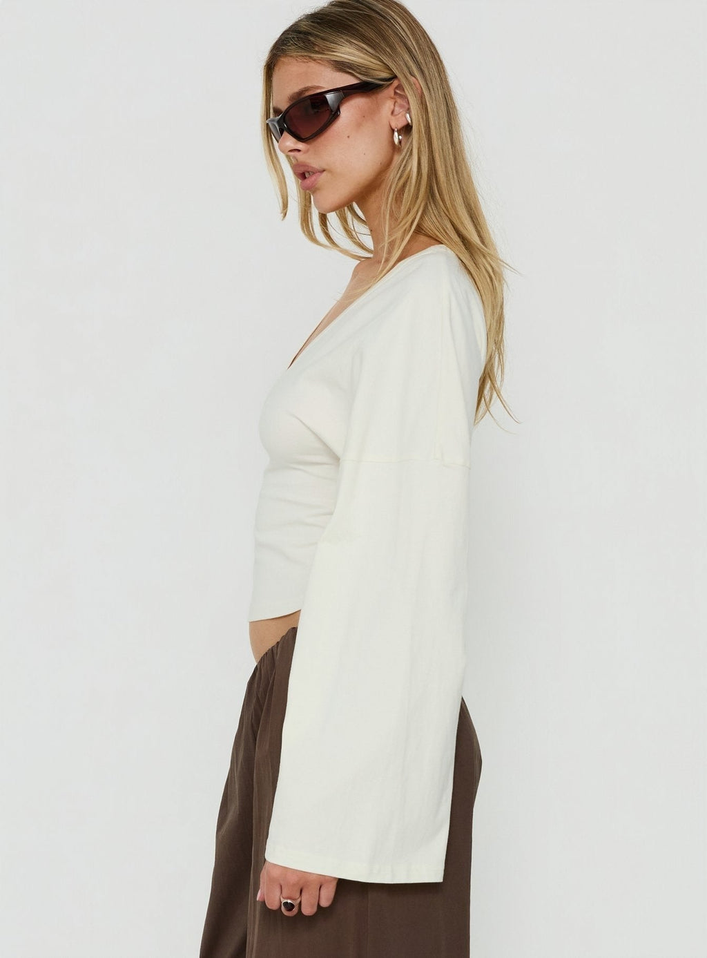 Dance With Shadows Batwing V Neck Long Sleeve Top Cream