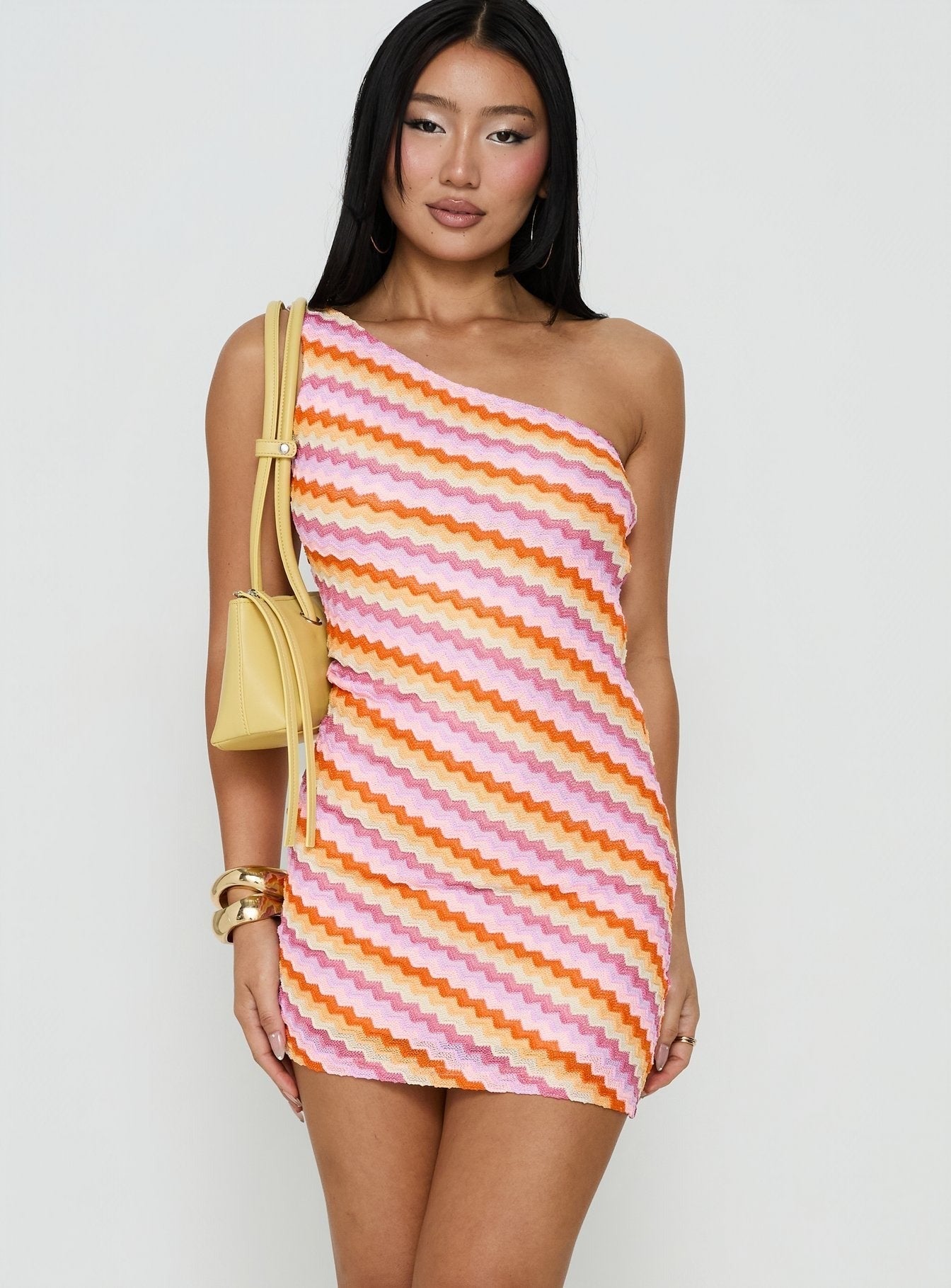 Alisia One Shoulder Knit Mini Dress Pink Stripe