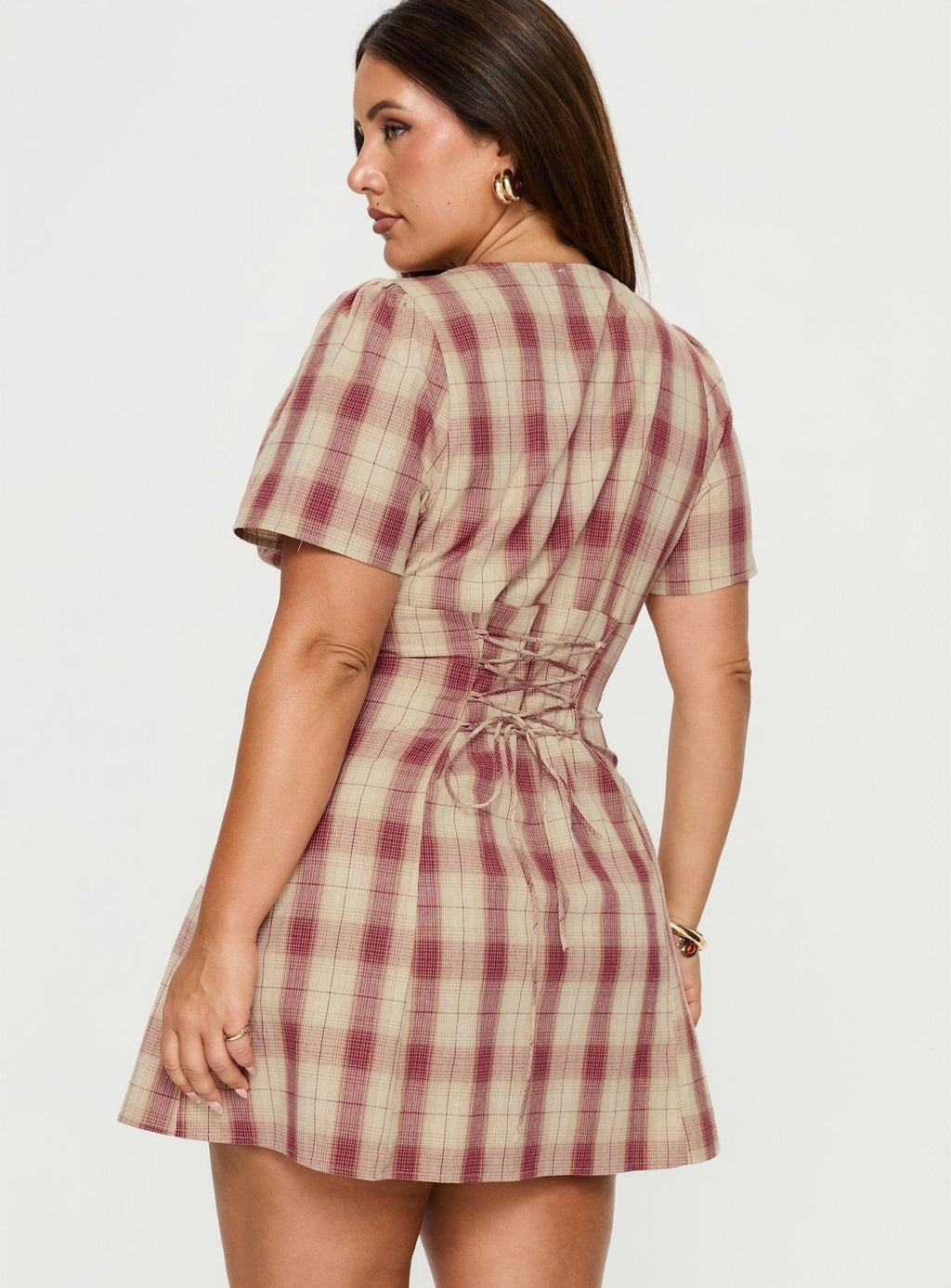 Twist of Fate V Neck Mini Dress Plaid Curve