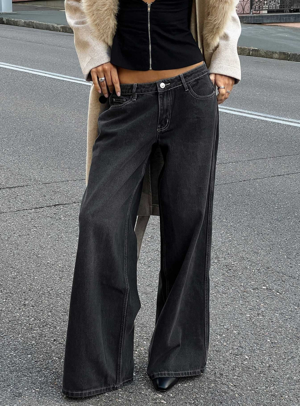 Ramos Low Rise Wide Leg Jeans Dark Grey Wash