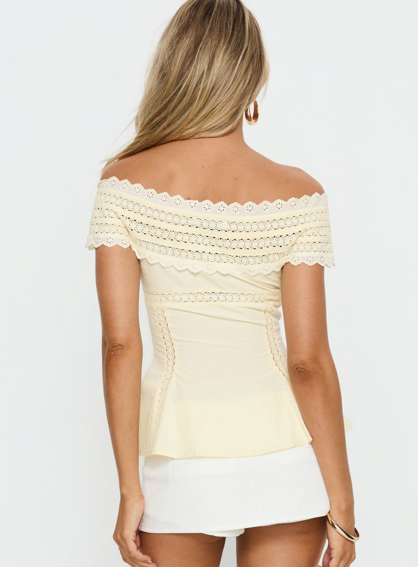 Stately Off Shoulder Lace Trim Top Lemon
