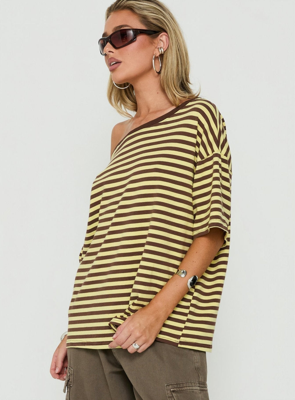 Settle Down One Shoulder Top Yellow / Chocolate Stripe