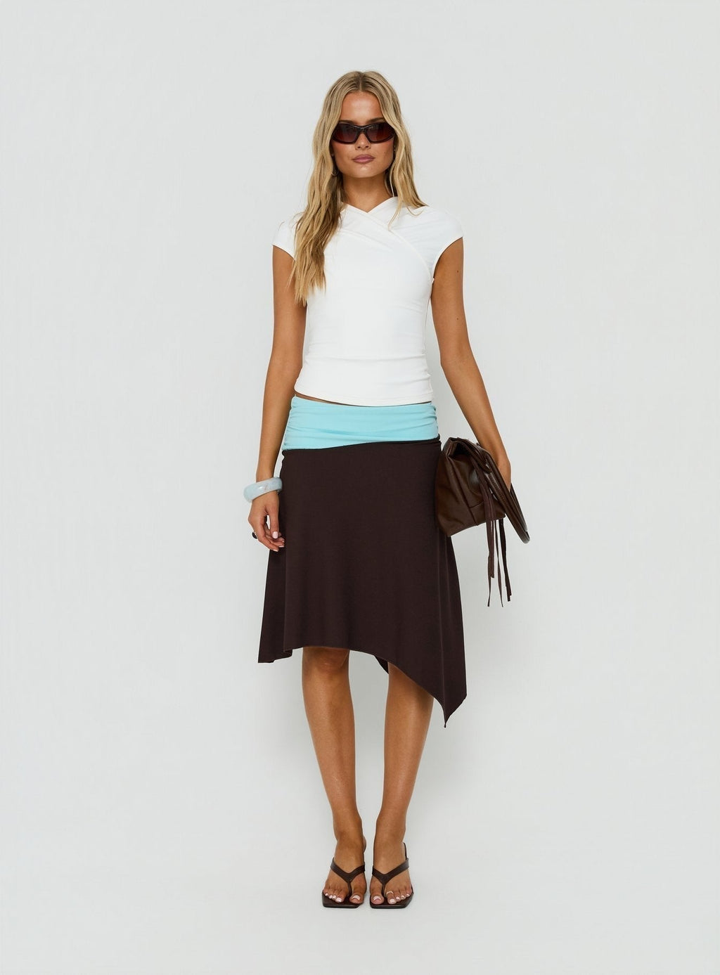 Suave Asymmetrical Contrast Midi Skirt Brown / Aqua