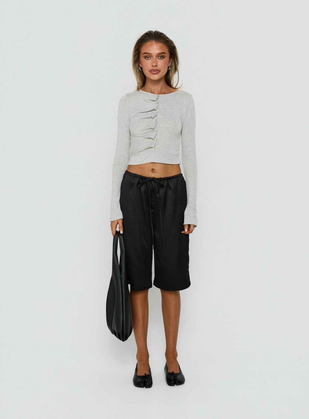 Idanna Ruched Button Down Long Sleeve Top Grey Marle