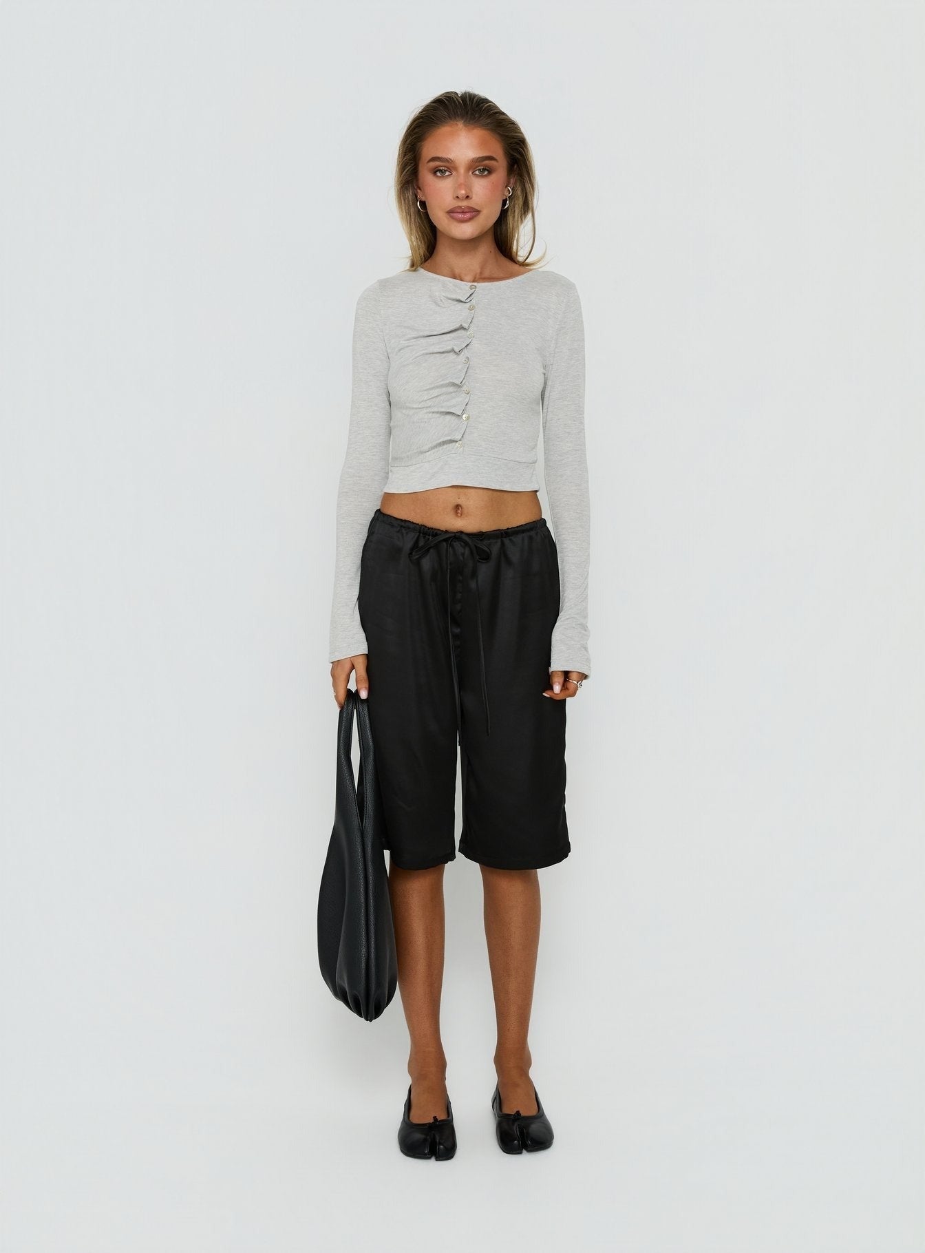 Idanna Ruched Button Down Long Sleeve Top Grey Marle