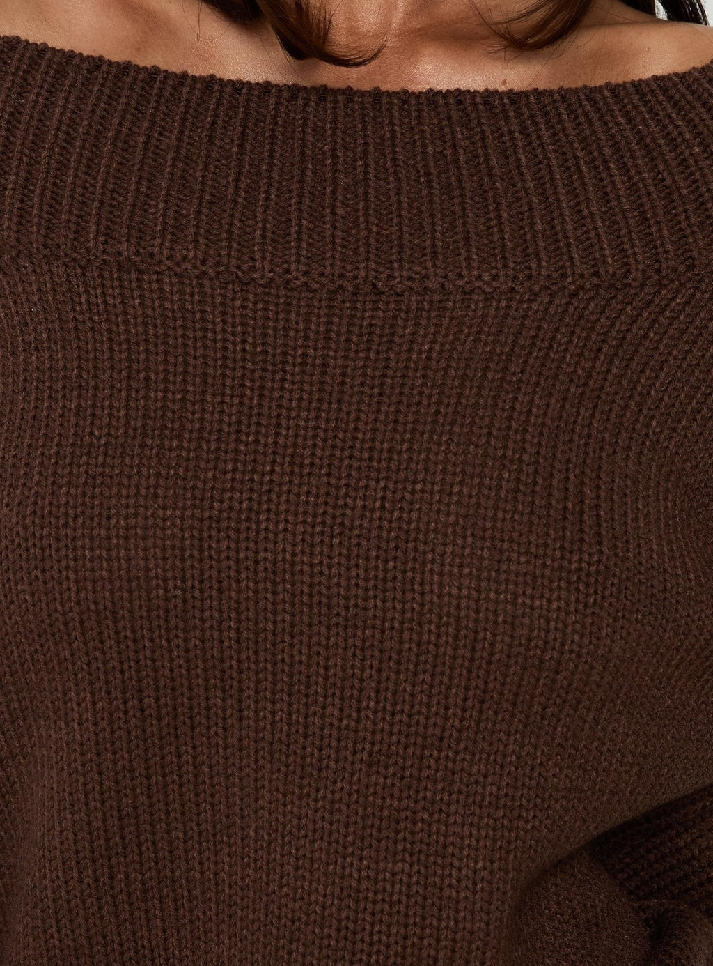 Always Be There Off Shoulder Knit Jumper Brown